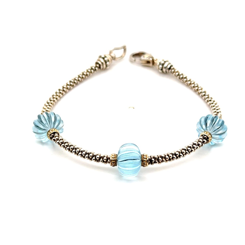 Lagos Blue Topaz Caviar Bracelet Sterling Silver 18k Gold Two Tone 7.5"